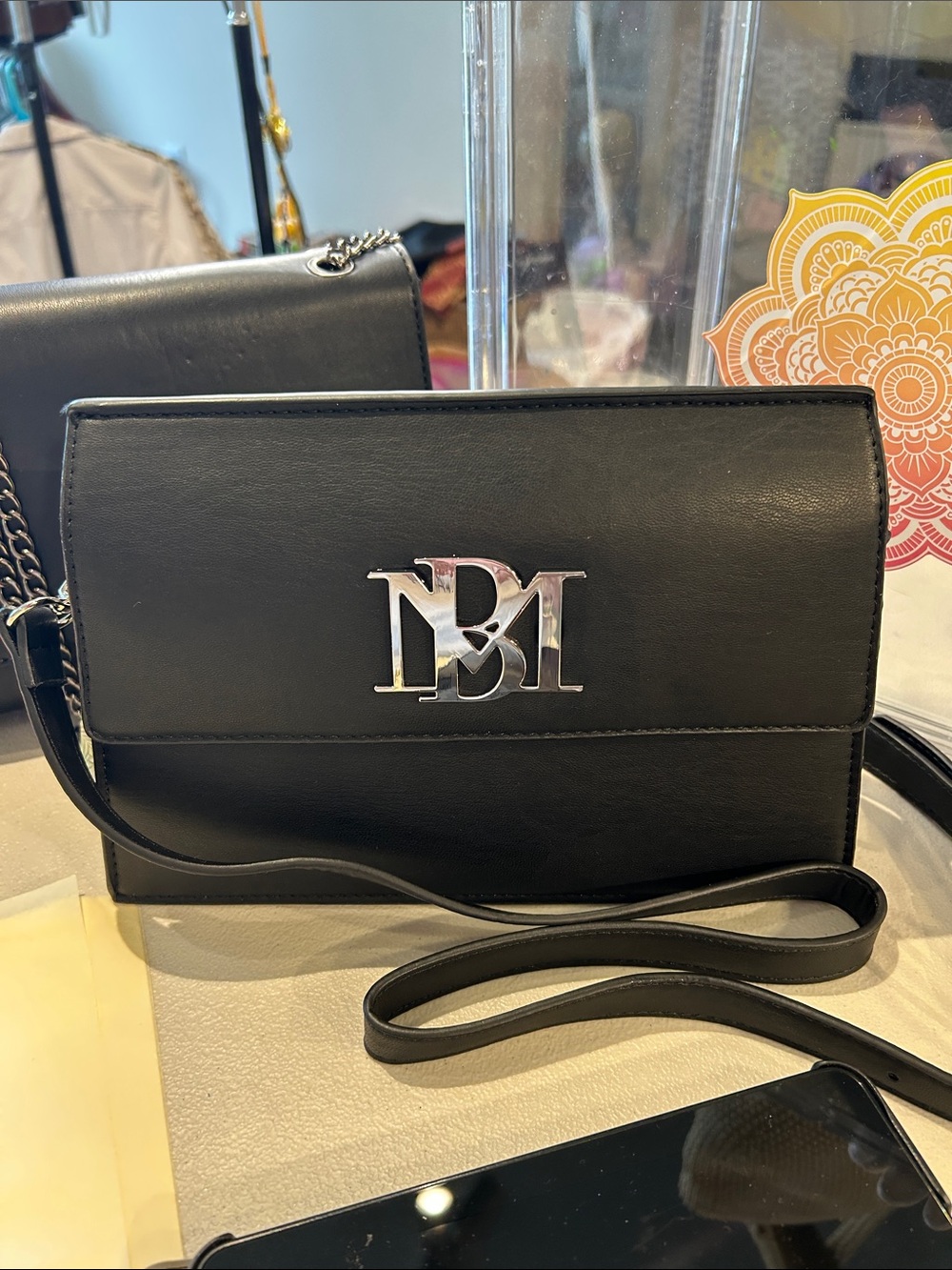 Black Leather Crossbody Bag with Silver Logo
